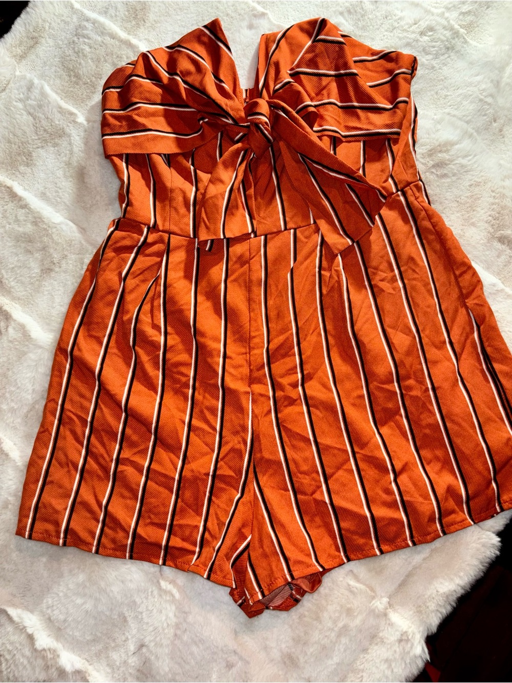 Rust Orange Striped Strapless Tie-Front Romper